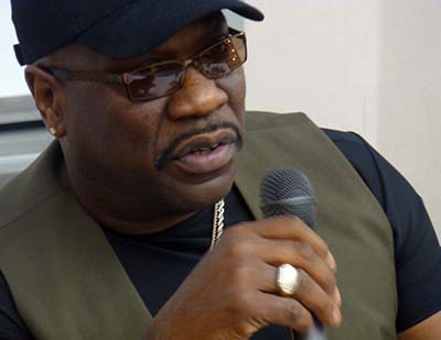 Big Bill Morganfield listens to a student's question March 3 at Auburn University's Harbert College of Business, where he discussed the music business with several dozen students, professors and blues fans from the Auburn community.